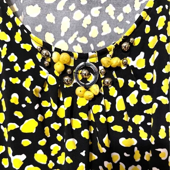 Yellow & Black Patterned Short Sleeve Blouse XL With Embellished Neckline career - Picture 3 of 6